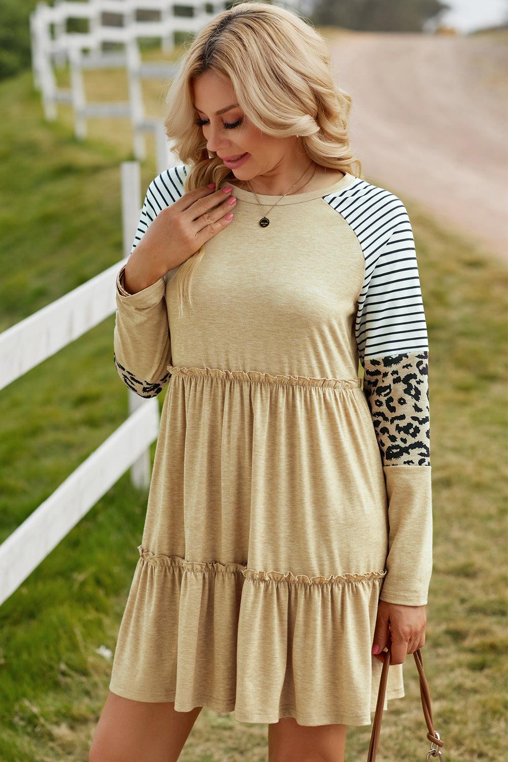 Mixed Print Frill Trim Long Sleeve Dress BLUE ZONE PLANET