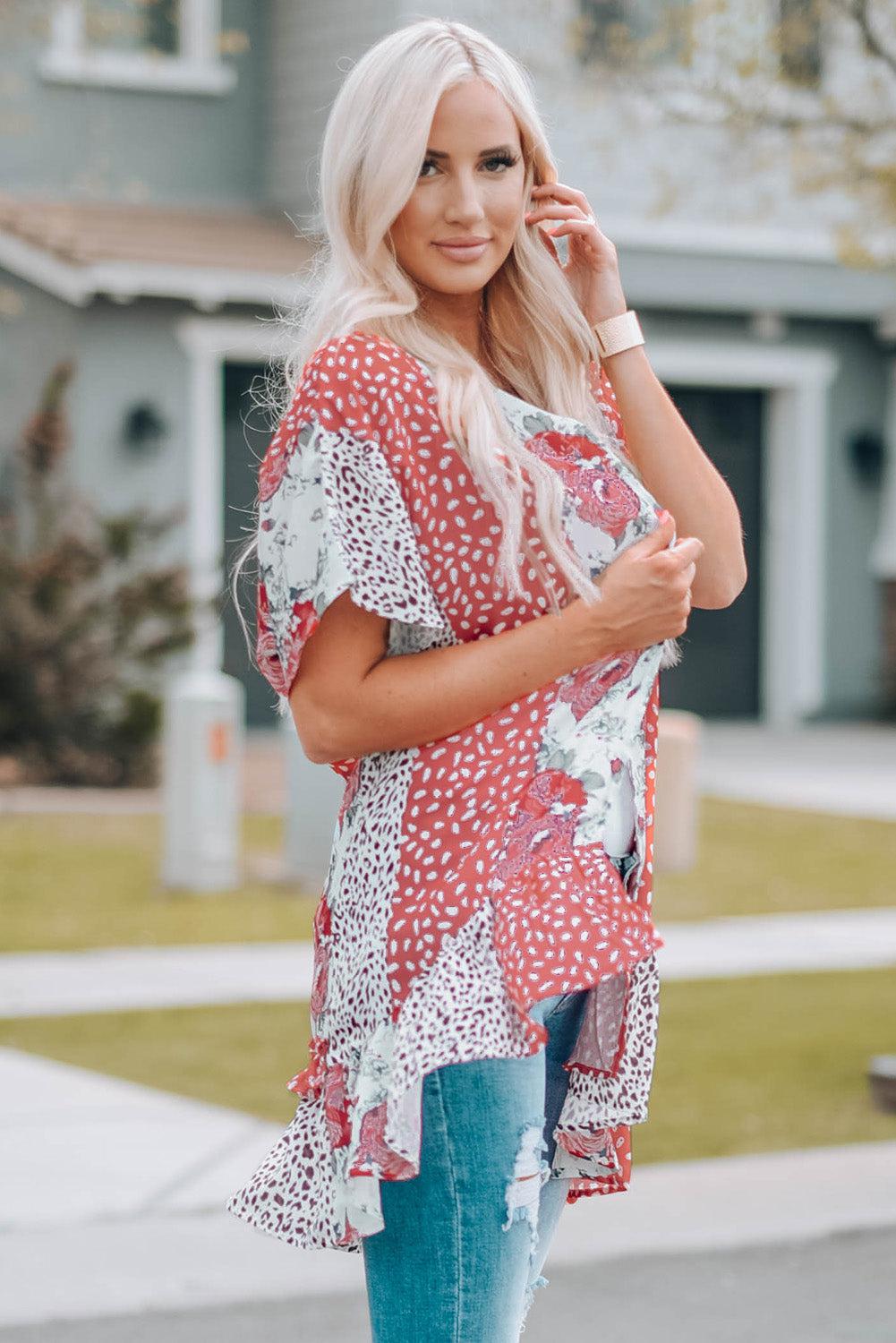 Mixed Print Ruffle Hem Kimono BLUE ZONE PLANET