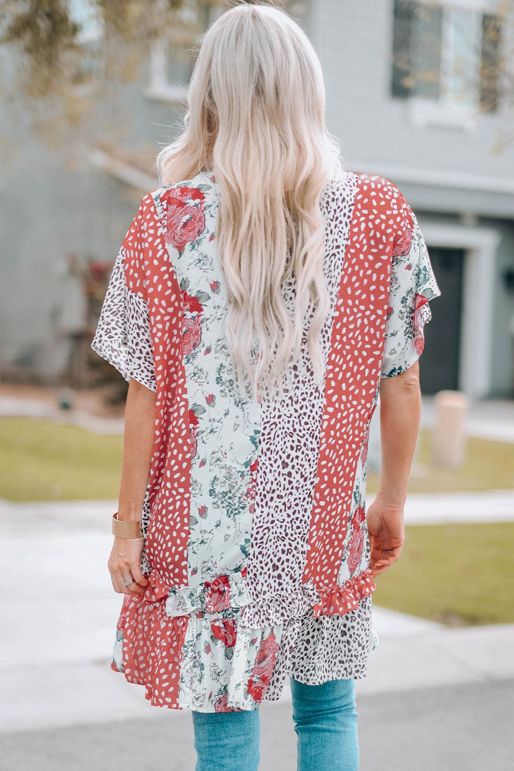 Mixed Print Ruffle Hem Kimono BLUE ZONE PLANET
