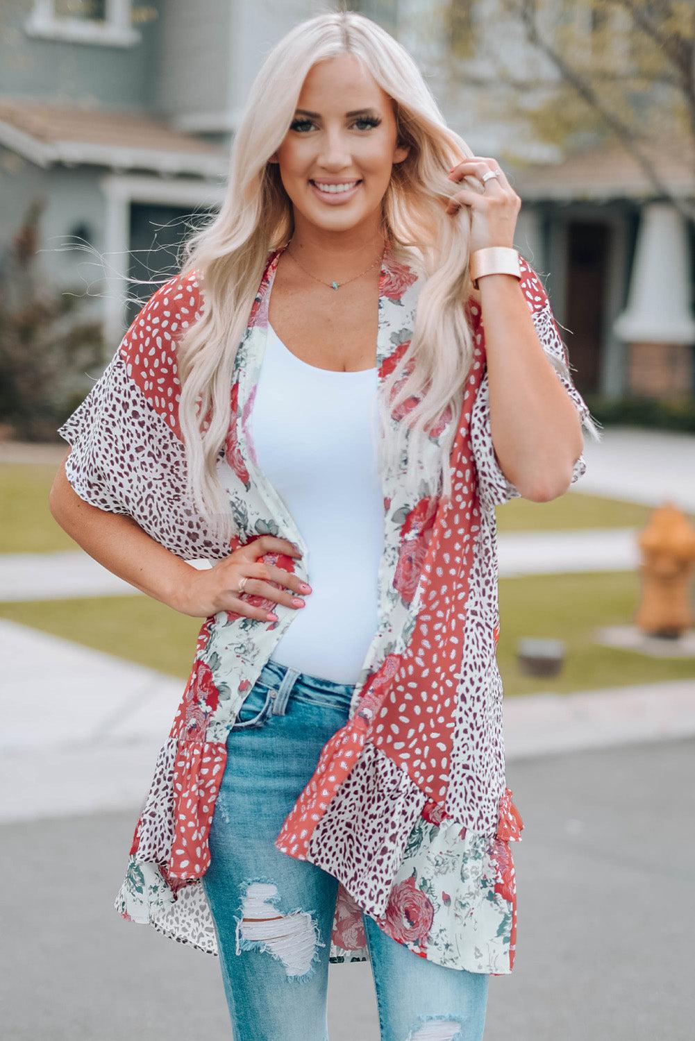 Mixed Print Ruffle Hem Kimono BLUE ZONE PLANET