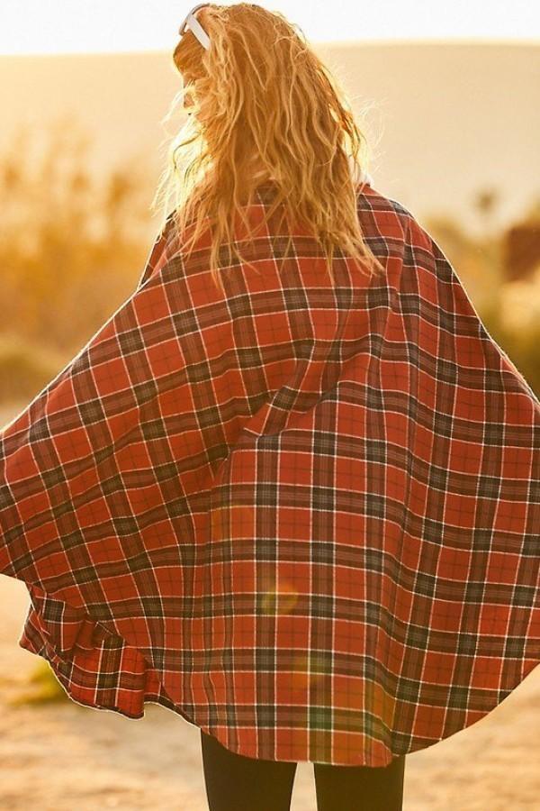 Mock Neck With Zipper Contrast Inside Front Pocket Plaid Poncho Blue Zone Planet