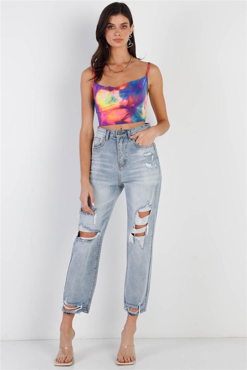 Multi Color Neon Tie-dye Lurex Cowl Neck Sleeveless Crop Top Blue Zone Planet