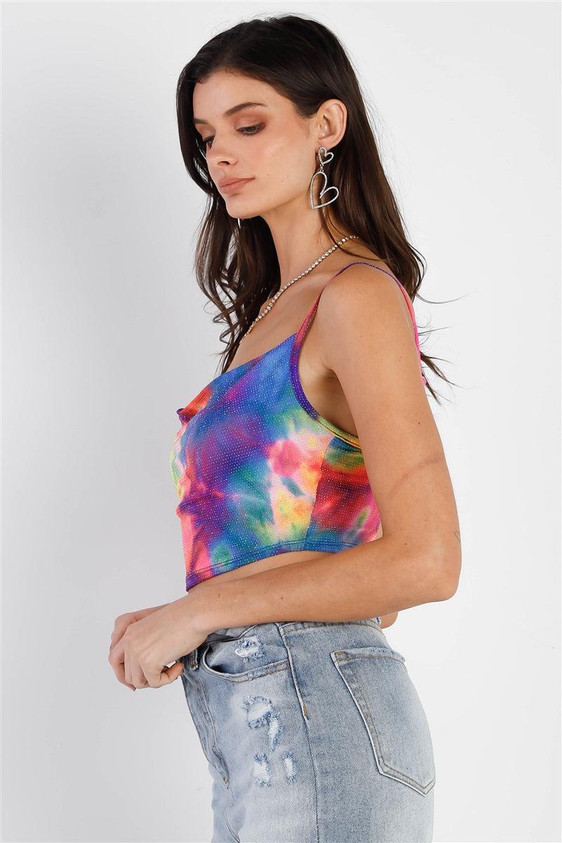 Multi Color Neon Tie-dye Lurex Cowl Neck Sleeveless Crop Top Blue Zone Planet