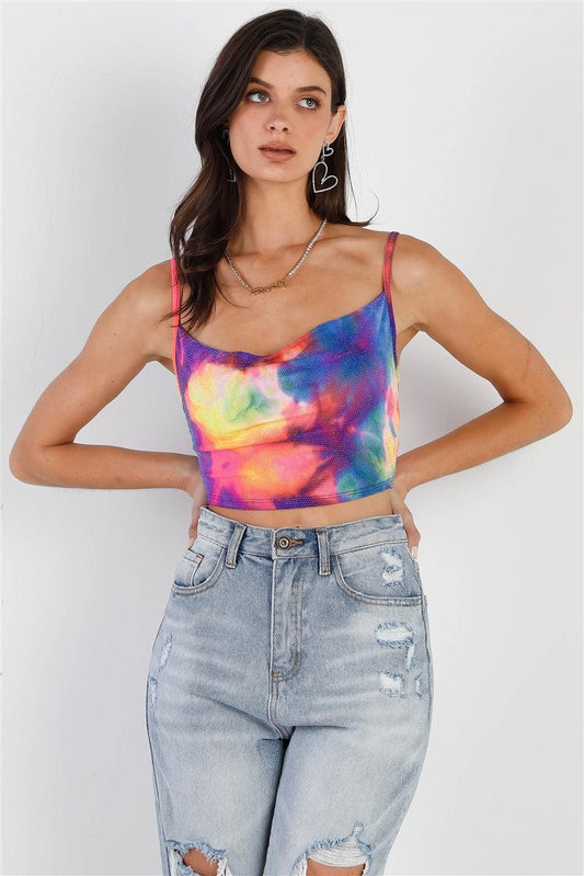 Multi Color Neon Tie-dye Lurex Cowl Neck Sleeveless Crop Top Blue Zone Planet