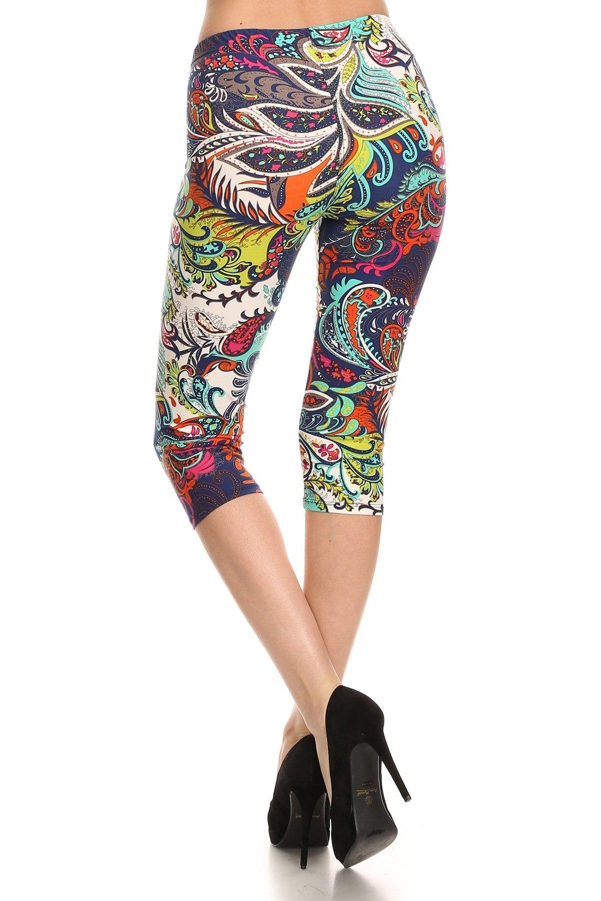 Multi-color Ornate Print Cropped Length Fitted Leggings With High Elastic Waist. Blue Zone Planet
