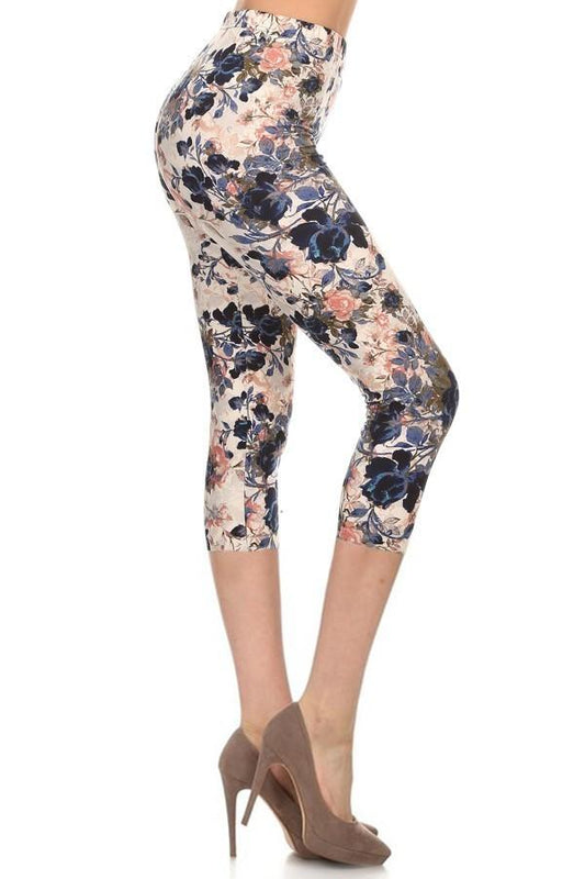 Multi-color Print, Cropped Capri Leggings In A Fitted Style With A Banded High Waist Blue Zone Planet