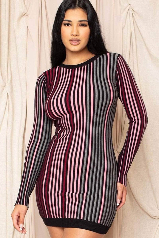 Multi-color Striped Ribbed Dress Blue Zone Planet