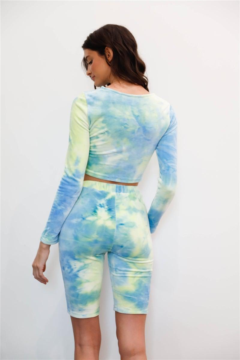 Multicolor Tie-dye Velvet Cropped Long Sleeve Top & Bike Shorts Set Blue Zone Planet