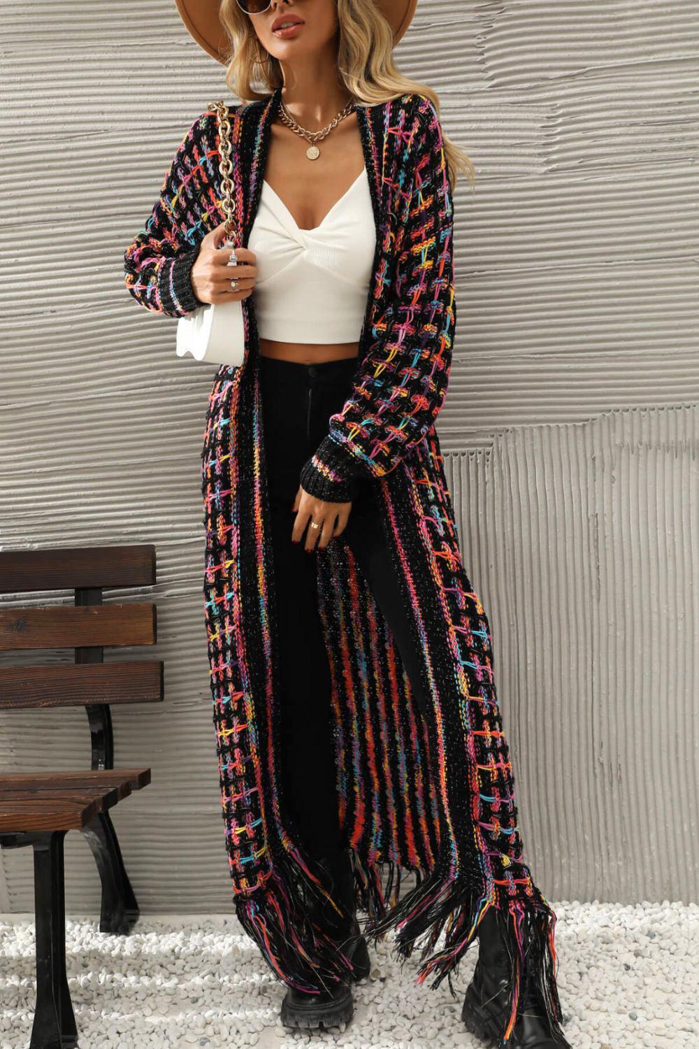Multicolored Open Front Fringe Hem Cardigan BLUE ZONE PLANET