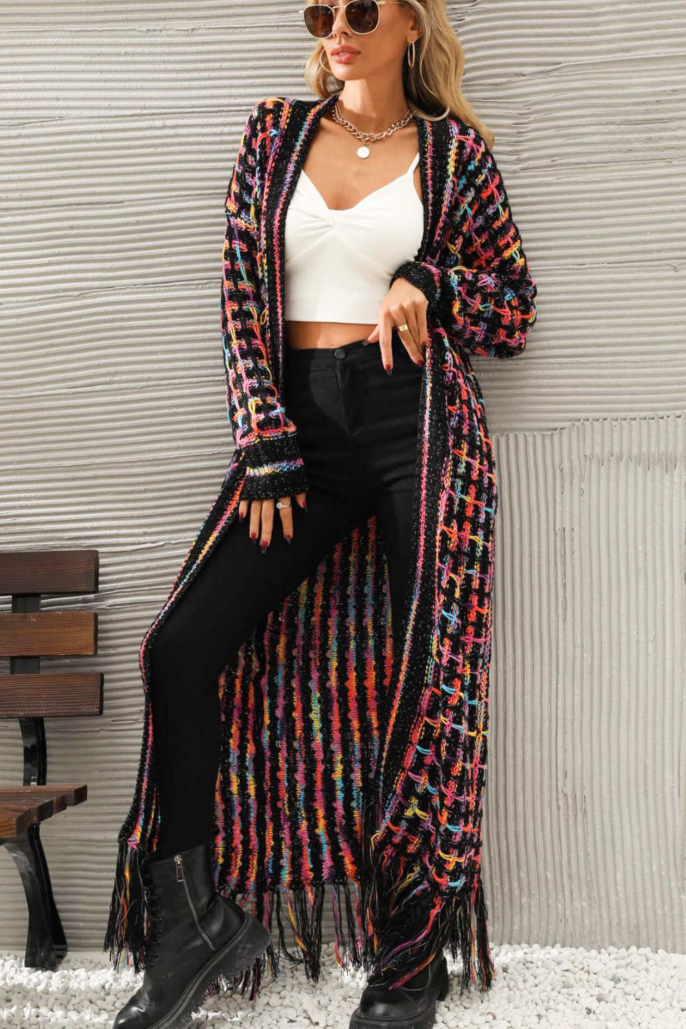 Multicolored Open Front Fringe Hem Cardigan BLUE ZONE PLANET