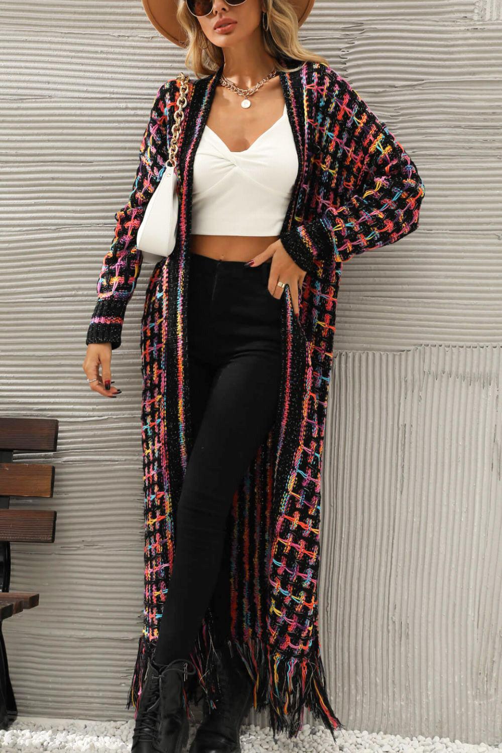 Multicolored Open Front Fringe Hem Cardigan BLUE ZONE PLANET