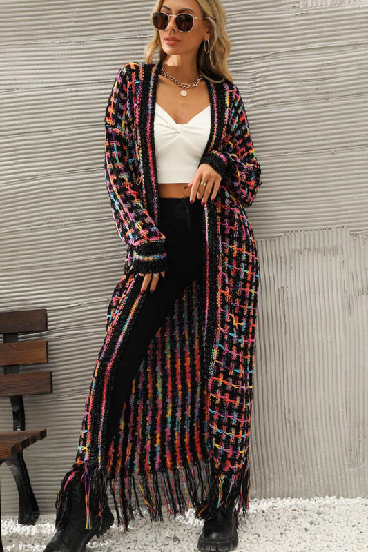 Multicolored Open Front Fringe Hem Cardigan BLUE ZONE PLANET