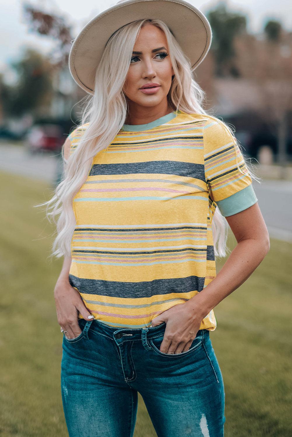 Multicolored Striped Round Neck Tee Shirt BLUE ZONE PLANET
