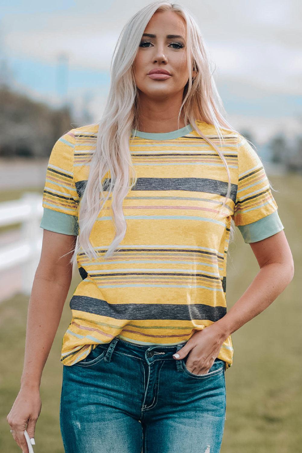 Multicolored Striped Round Neck Tee Shirt BLUE ZONE PLANET