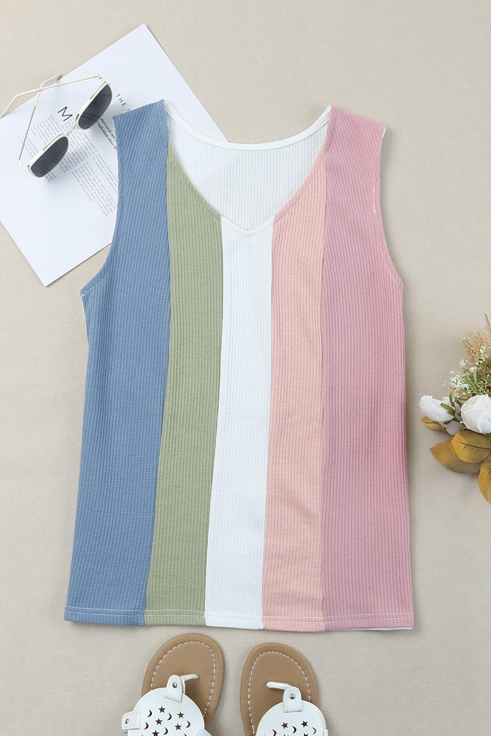 Multicolored Striped Waffle-Knit Sleeveless Tank BLUE ZONE PLANET