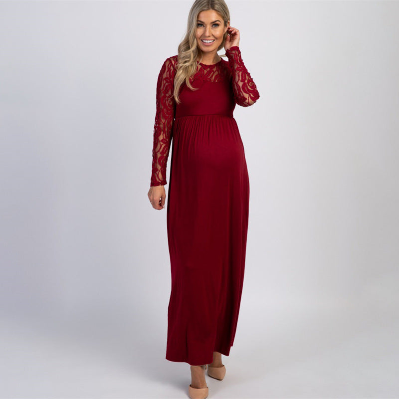 Blue Zone Planet | Solid color maternity lace hollow long-sleeve maxi dress BLUE ZONE PLANET