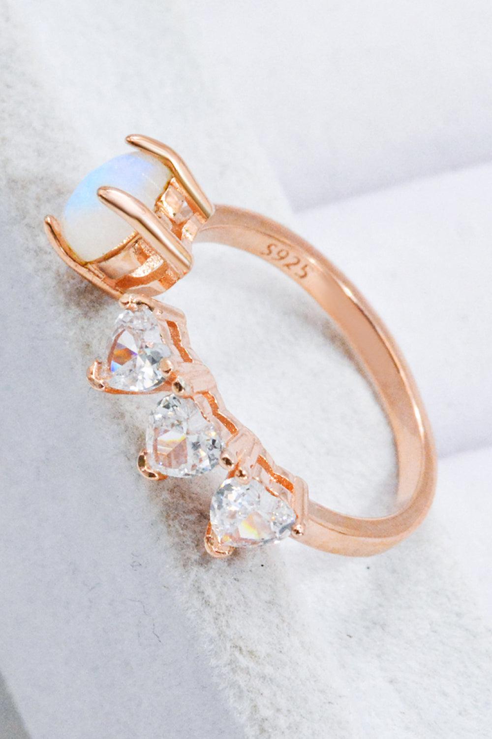Natural Moonstone and Zircon Heart Open Ring BLUE ZONE PLANET