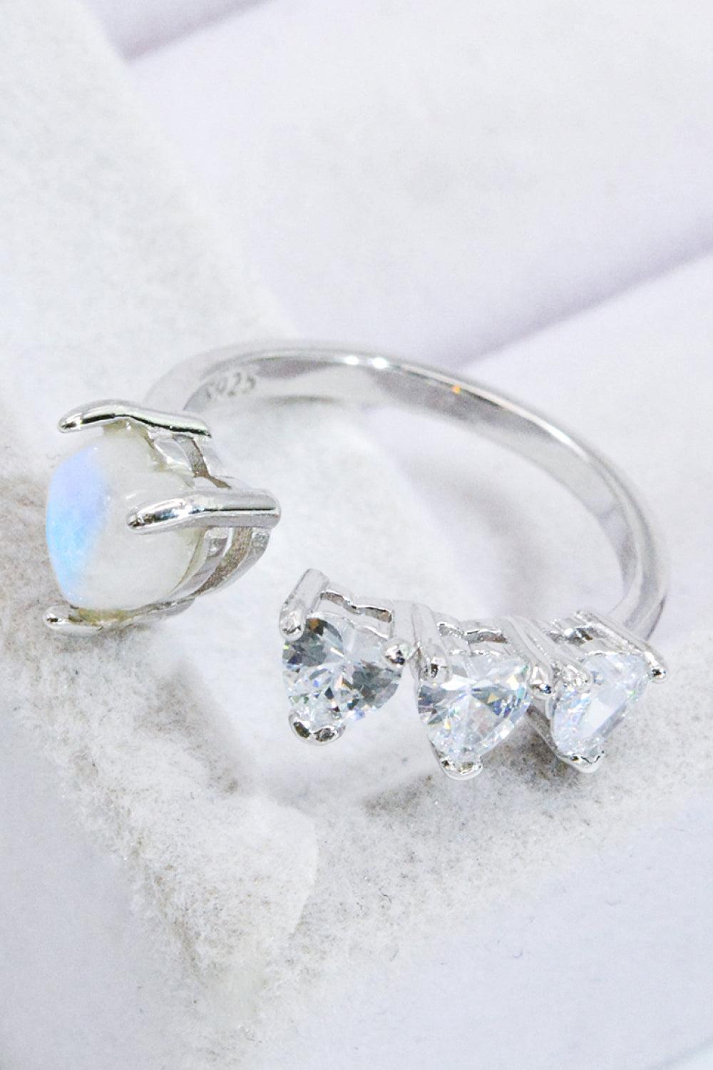 Natural Moonstone and Zircon Heart Open Ring BLUE ZONE PLANET