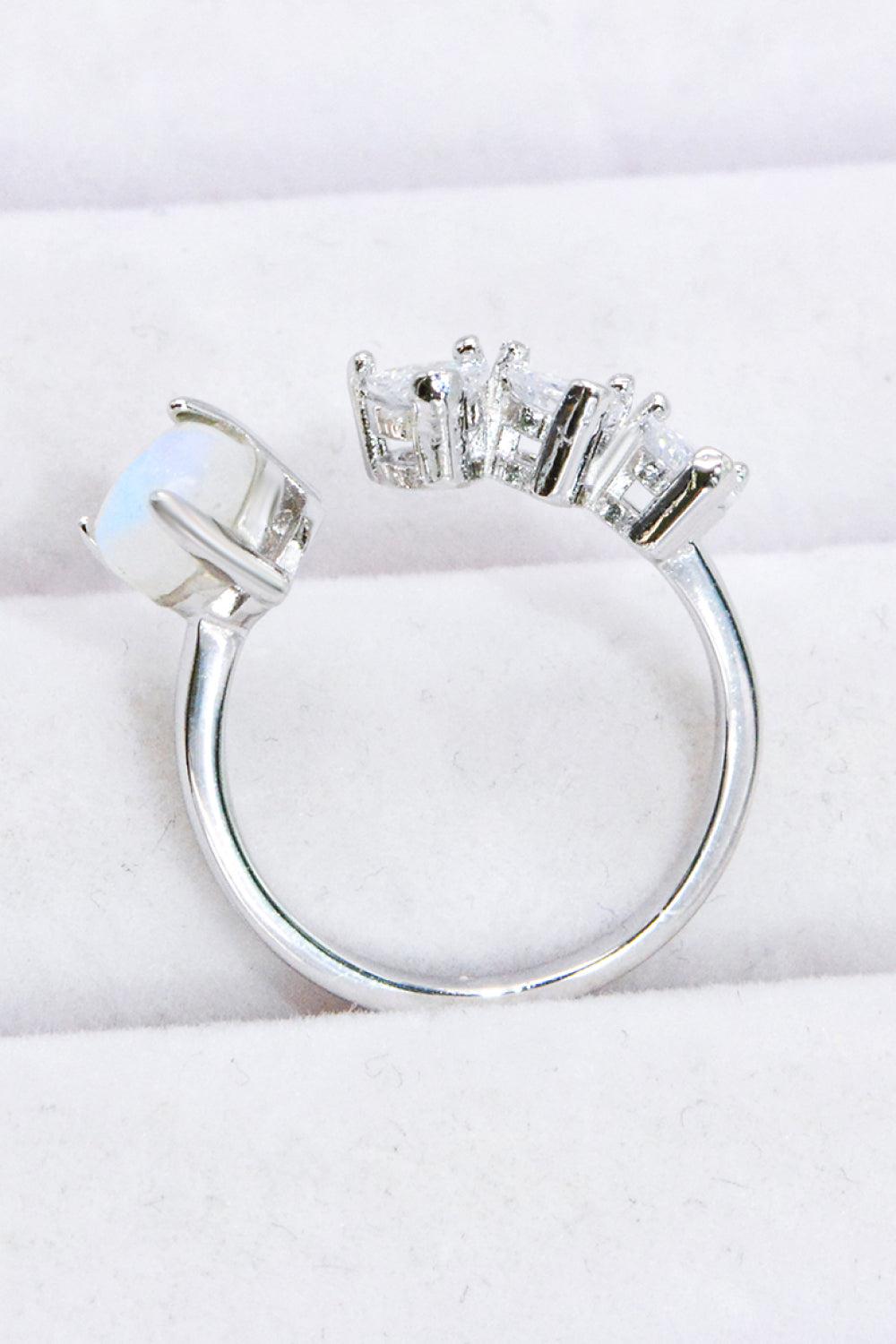 Natural Moonstone and Zircon Heart Open Ring BLUE ZONE PLANET