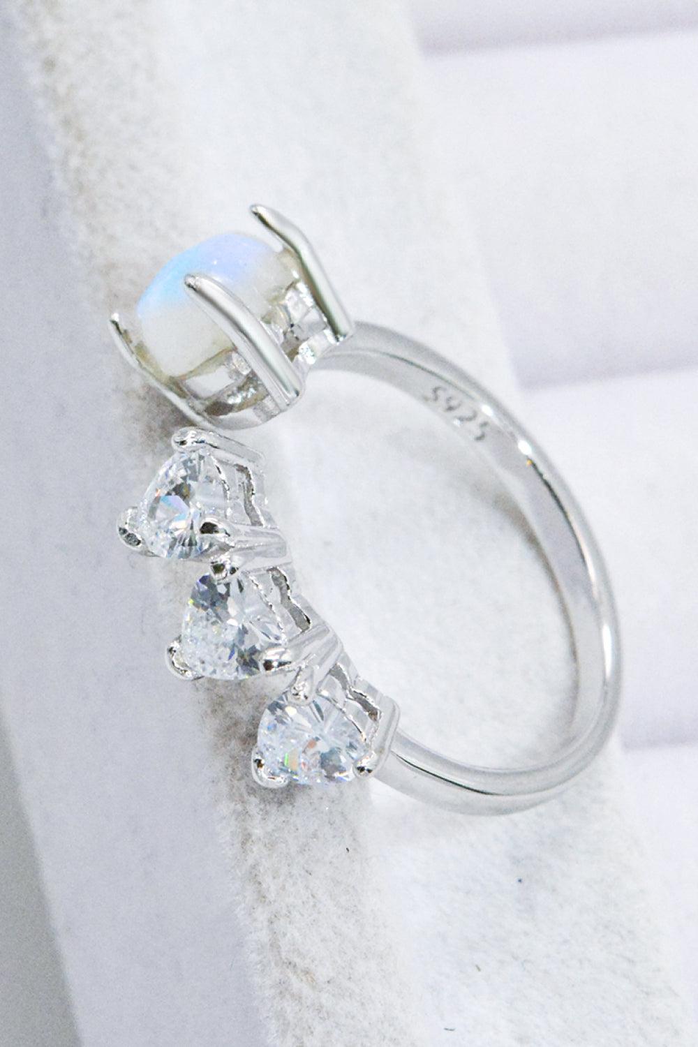 Natural Moonstone and Zircon Heart Open Ring BLUE ZONE PLANET