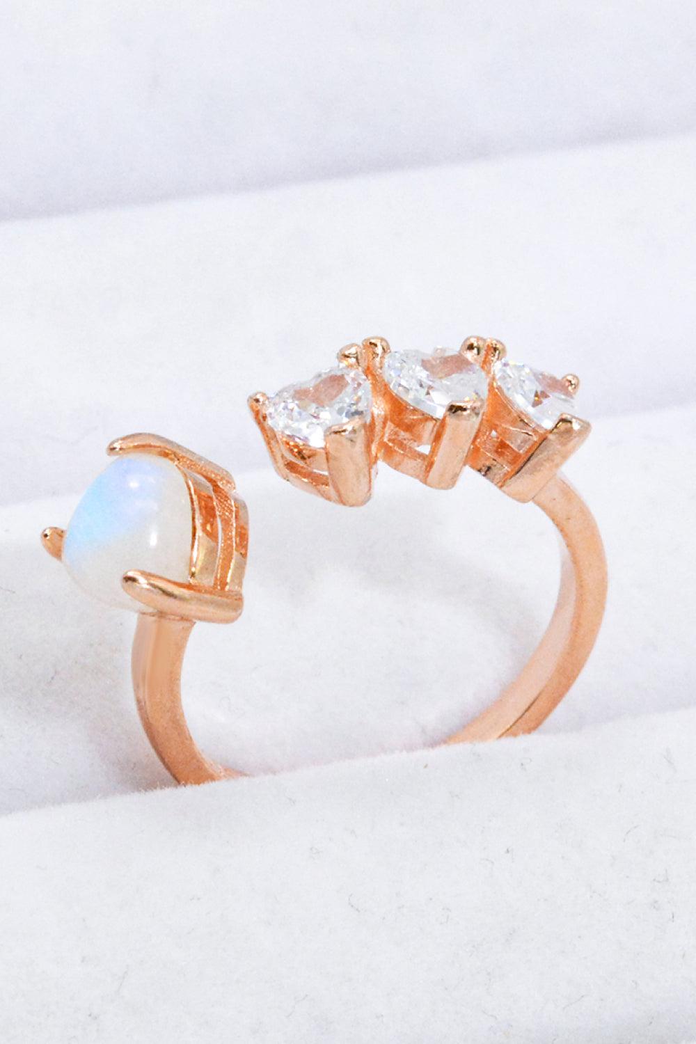 Natural Moonstone and Zircon Heart Open Ring BLUE ZONE PLANET
