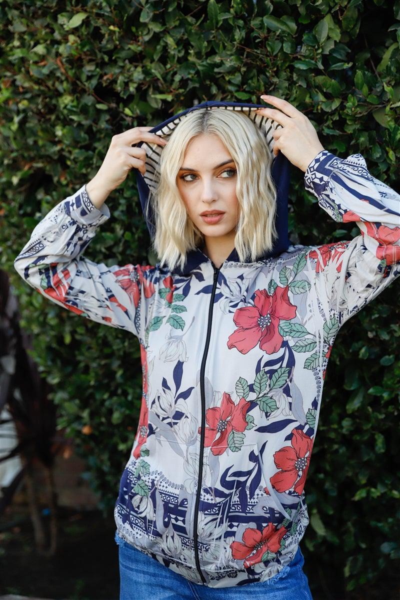 Navy Rust Flower Print Zip-up Contrast Striped Hood Sweater Blue Zone Planet