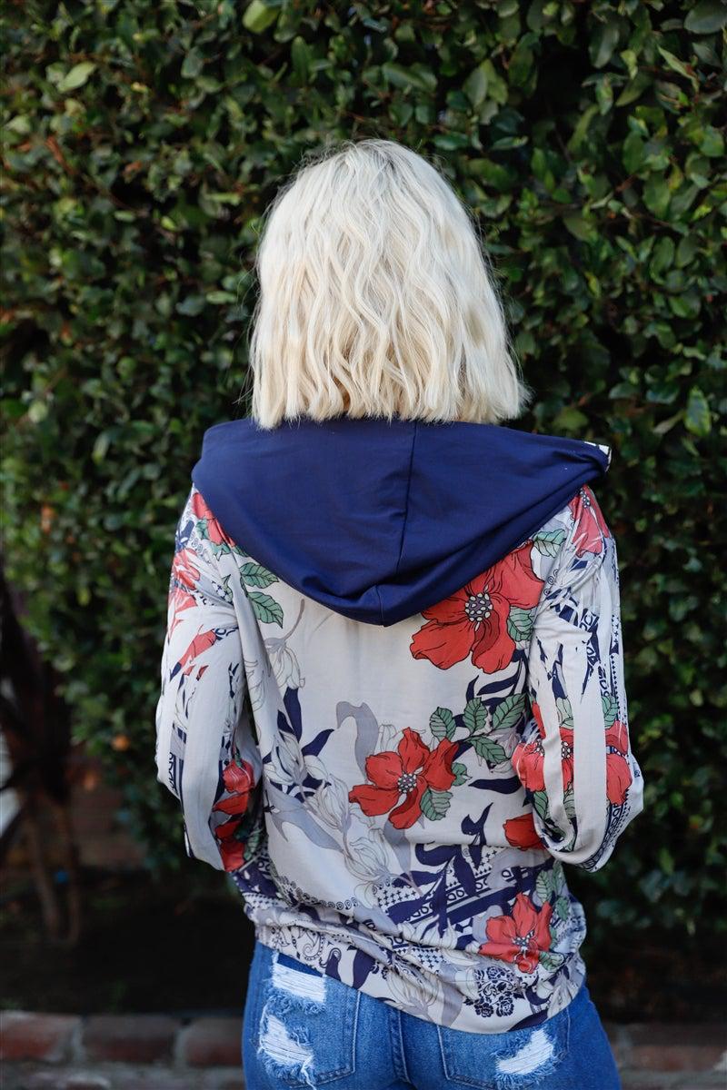 Navy Rust Flower Print Zip-up Contrast Striped Hood Sweater Blue Zone Planet