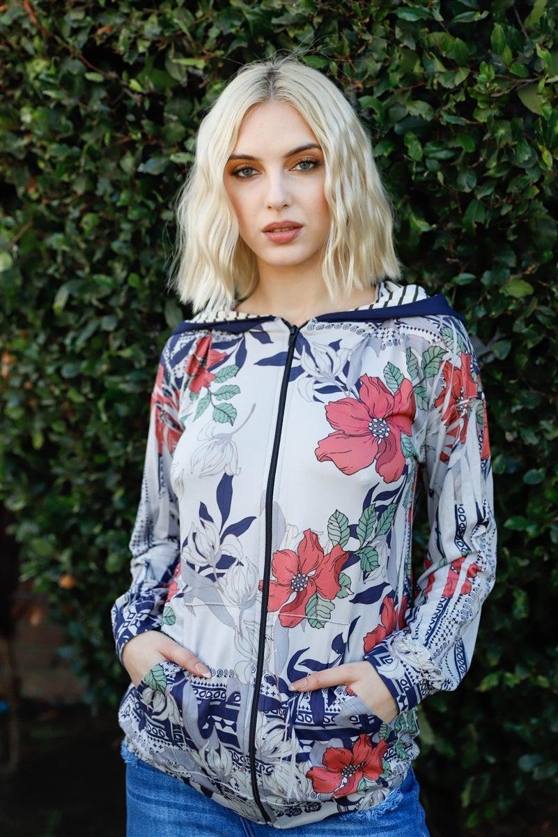 Navy Rust Flower Print Zip-up Contrast Striped Hood Sweater Blue Zone Planet
