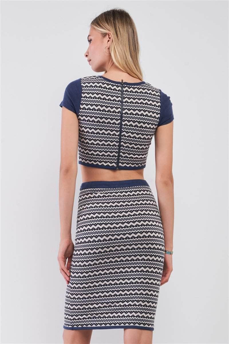 Navy & White Geometrical Pattern Short Sleeve Crop Top & High-waisted Pencil Skirt Two Piece Set Blue Zone Planet