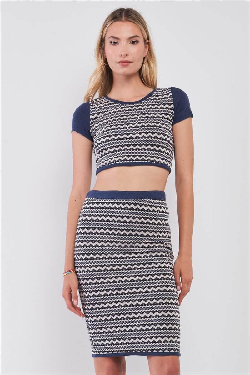 Navy & White Geometrical Pattern Short Sleeve Crop Top & High-waisted Pencil Skirt Two Piece Set Blue Zone Planet