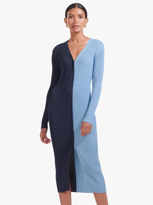 New Style Color Blocking High Waist Long Dress BLUE ZONE PLANET