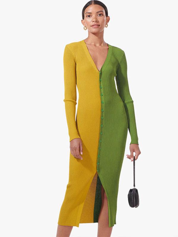 New Style Color Blocking High Waist Long Dress BLUE ZONE PLANET