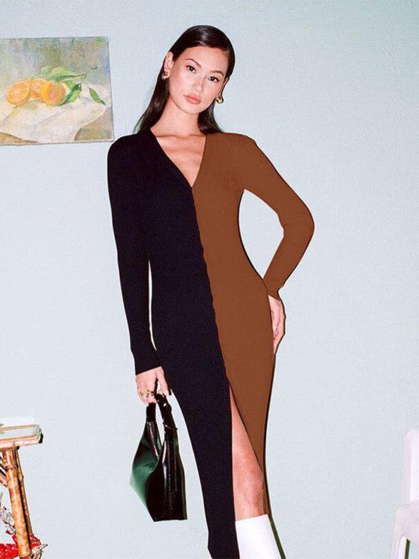 New Style Color Blocking High Waist Long Dress BLUE ZONE PLANET