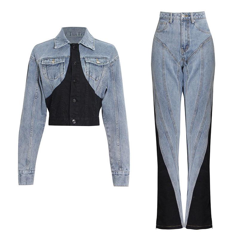 New Style Splicing Short Denim Jacket and High Waist Jeans BLUE ZONE PLANET