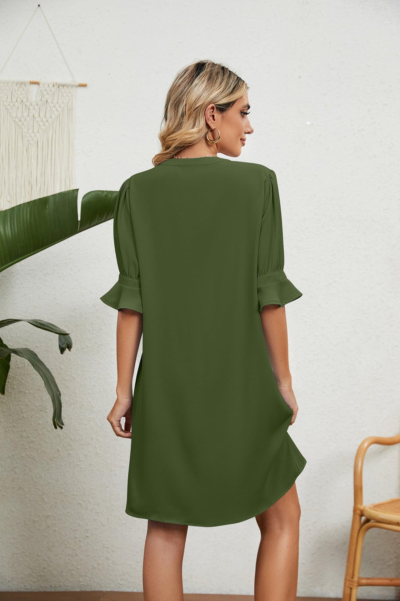 Notched Neck Flounce Sleeve Dress BLUE ZONE PLANET