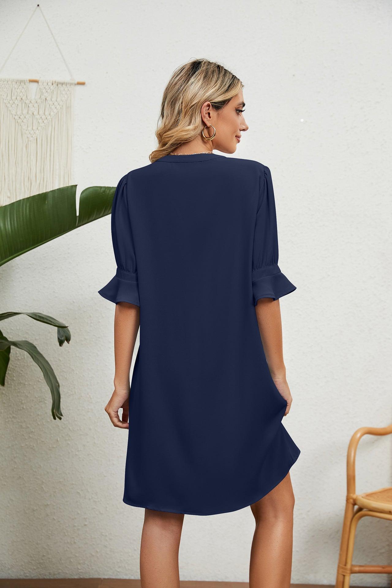 Notched Neck Flounce Sleeve Dress BLUE ZONE PLANET