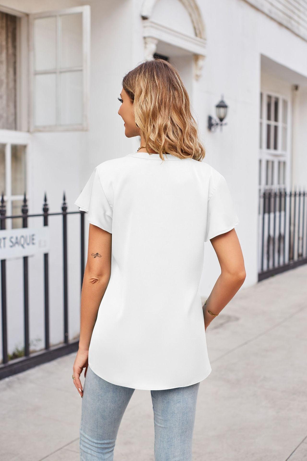 Notched Neck Flutter Sleeve Satin Top BLUE ZONE PLANET