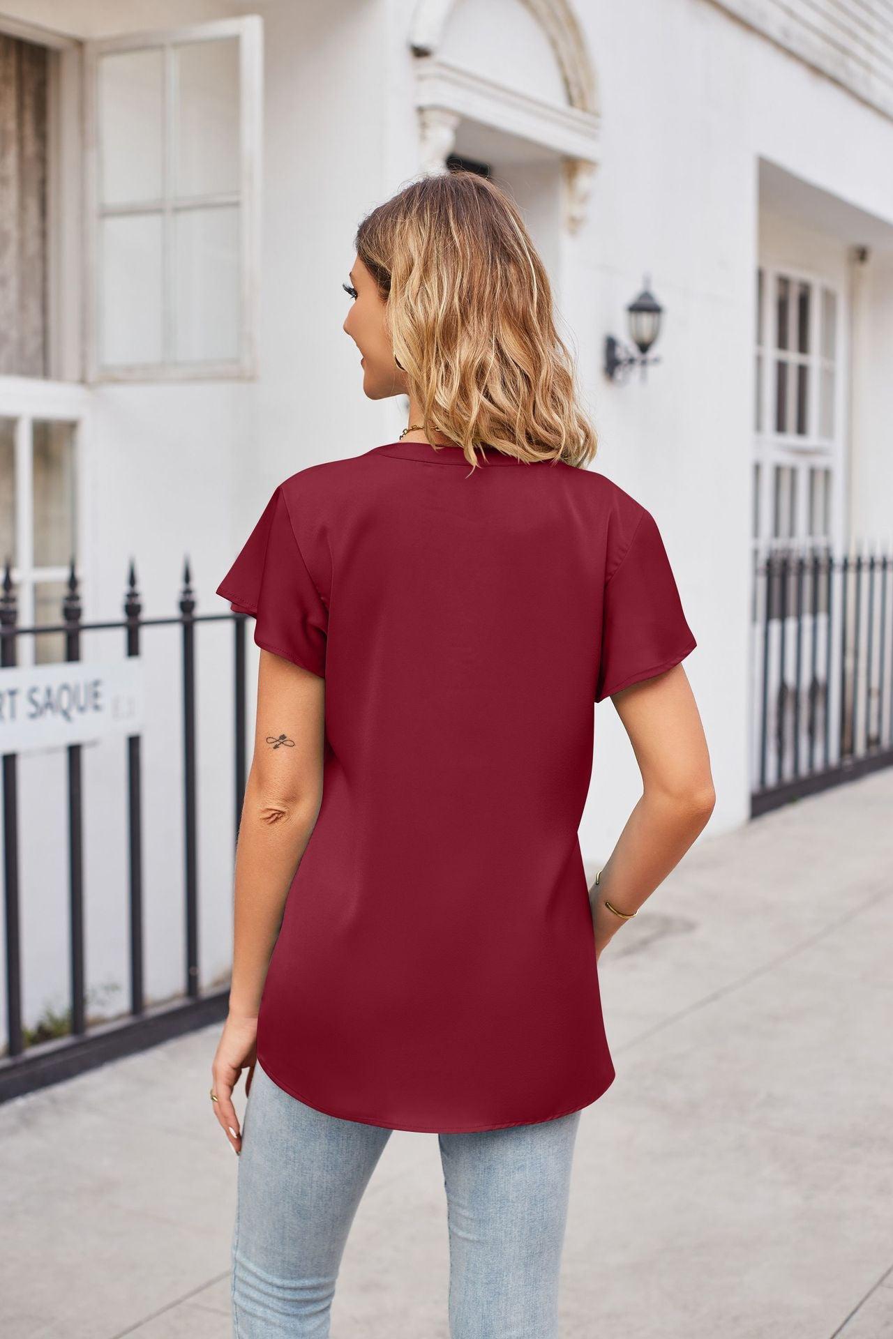 Notched Neck Flutter Sleeve Satin Top BLUE ZONE PLANET