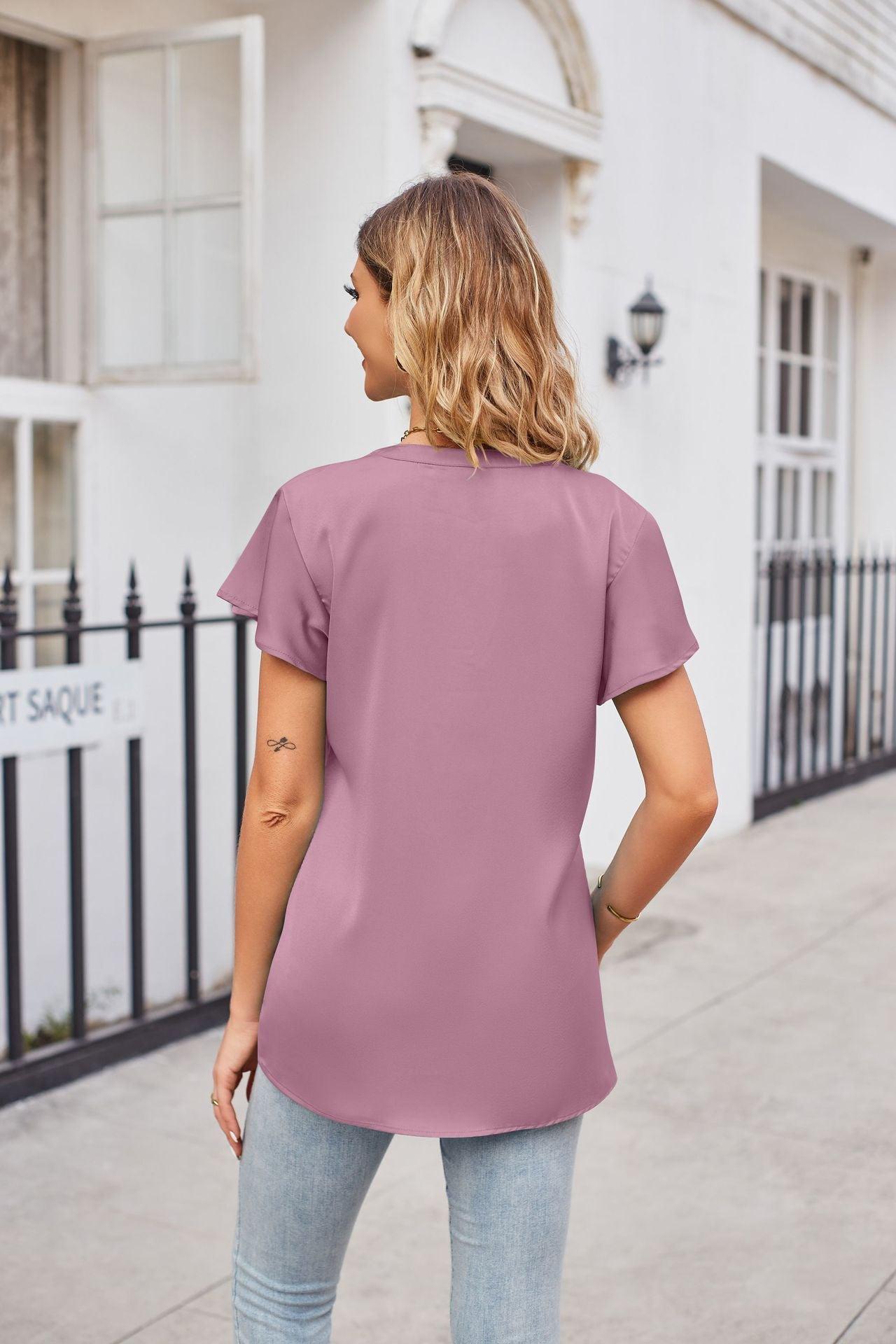 Notched Neck Flutter Sleeve Satin Top BLUE ZONE PLANET