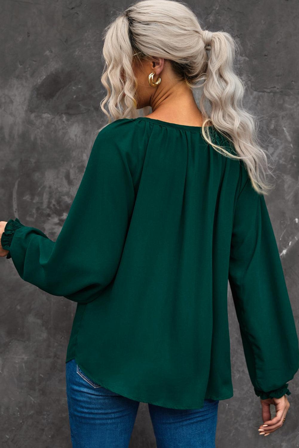 Notched Neck Lantern Sleeve Blouse BLUE ZONE PLANET