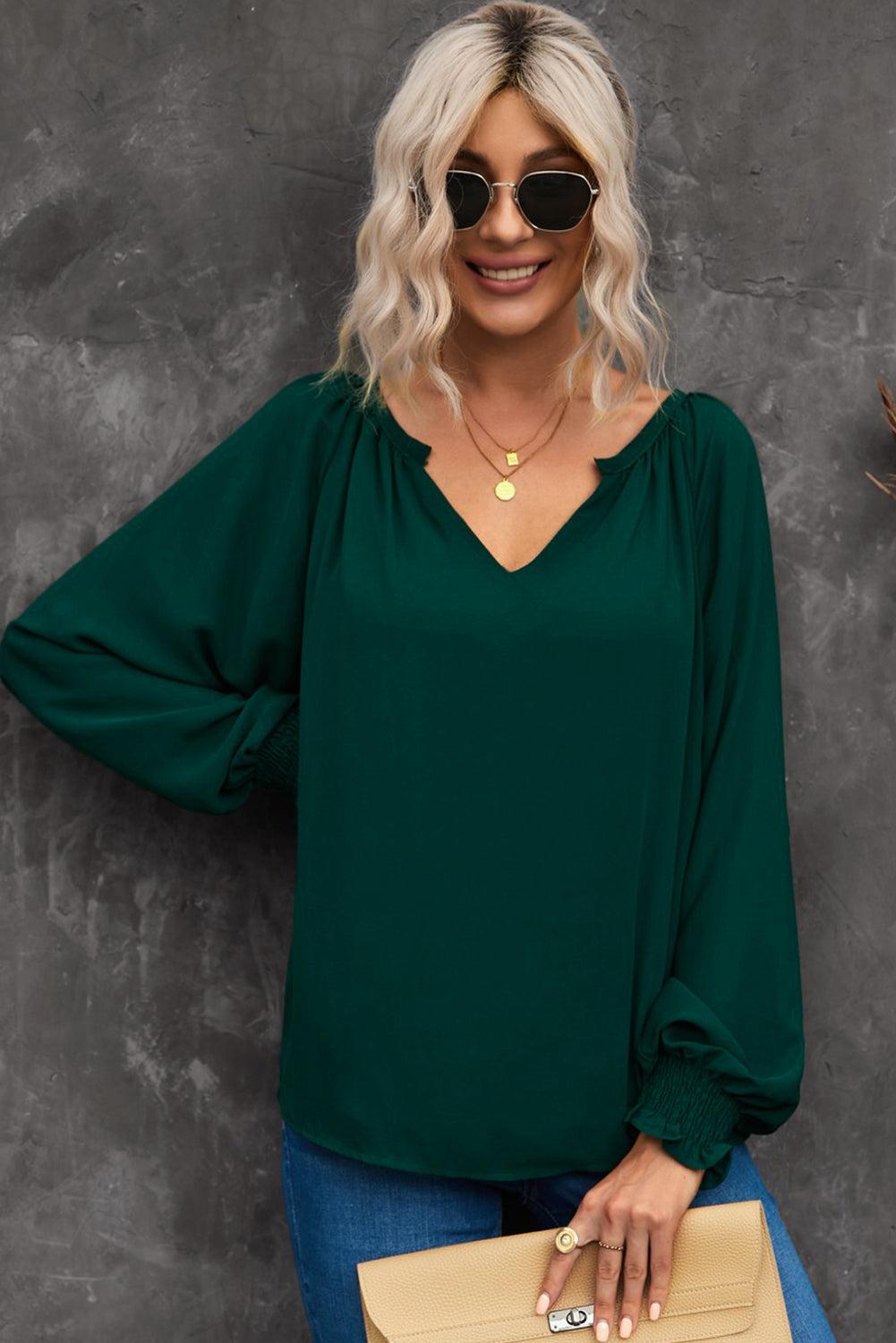 Notched Neck Lantern Sleeve Blouse BLUE ZONE PLANET