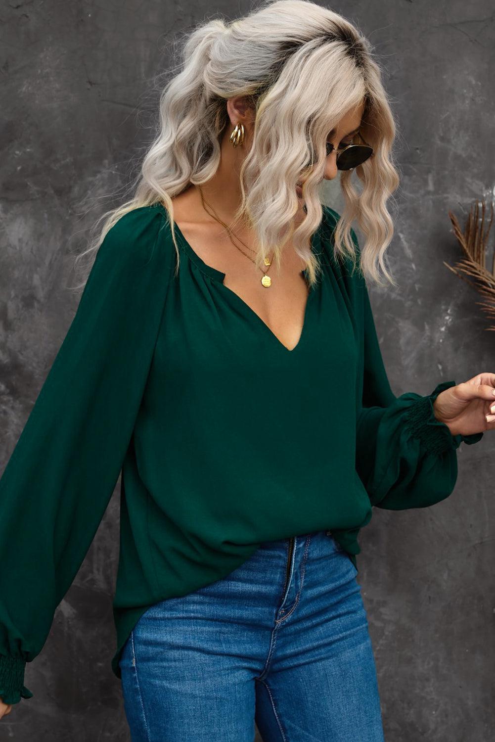 Notched Neck Lantern Sleeve Blouse BLUE ZONE PLANET