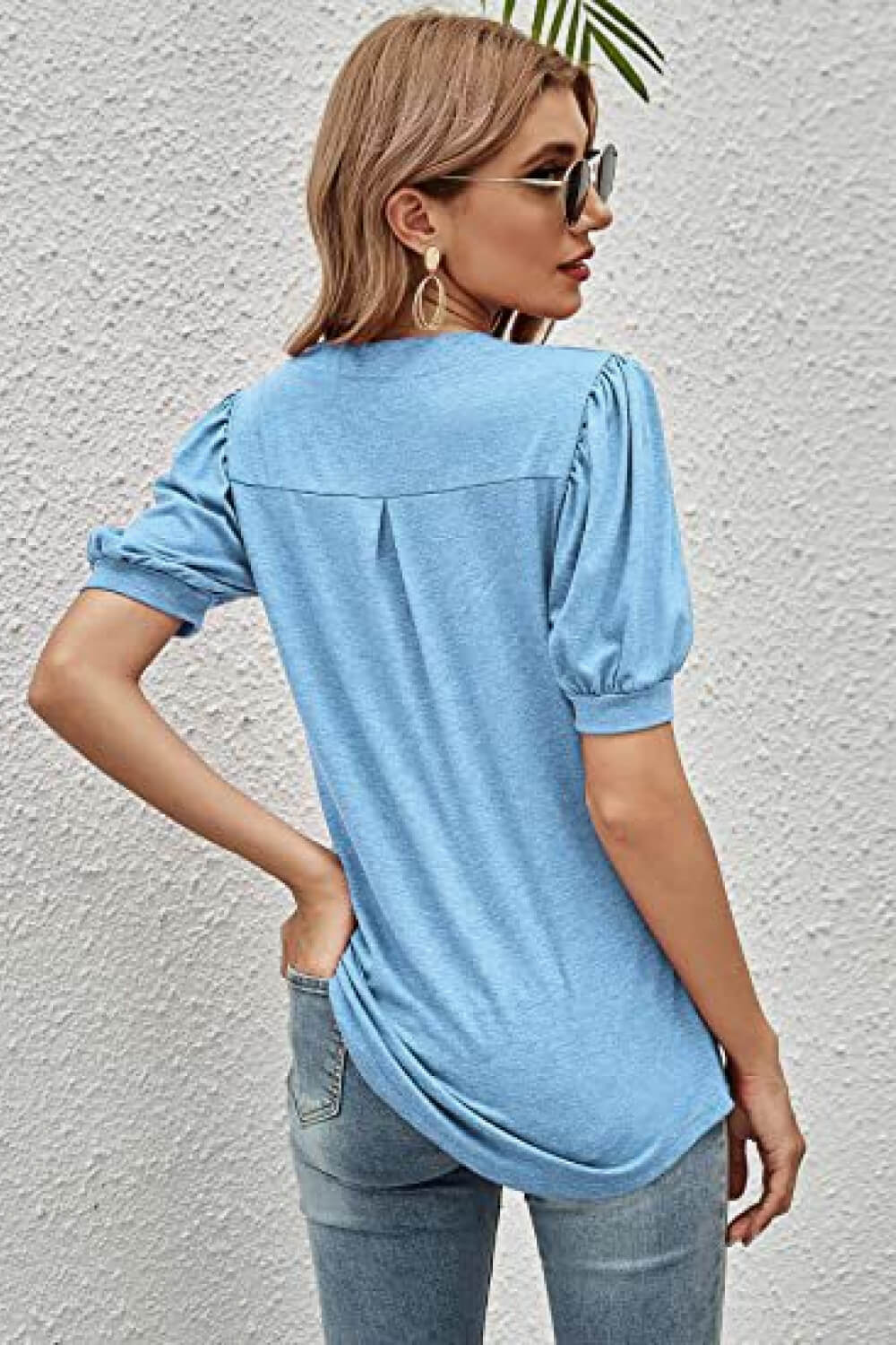 Notched Neck Puff Sleeve Tee BLUE ZONE PLANET