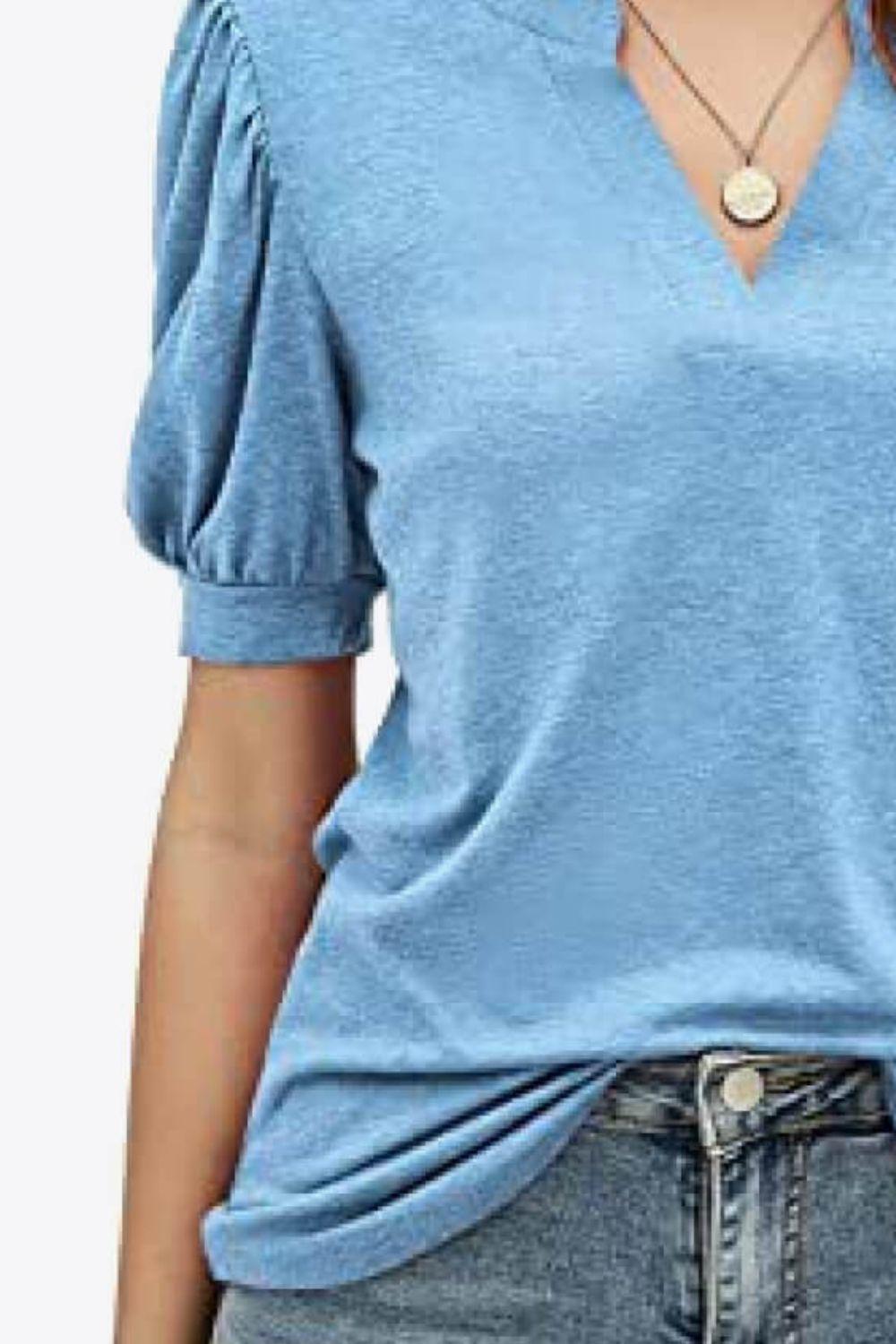 Notched Neck Puff Sleeve Tee BLUE ZONE PLANET