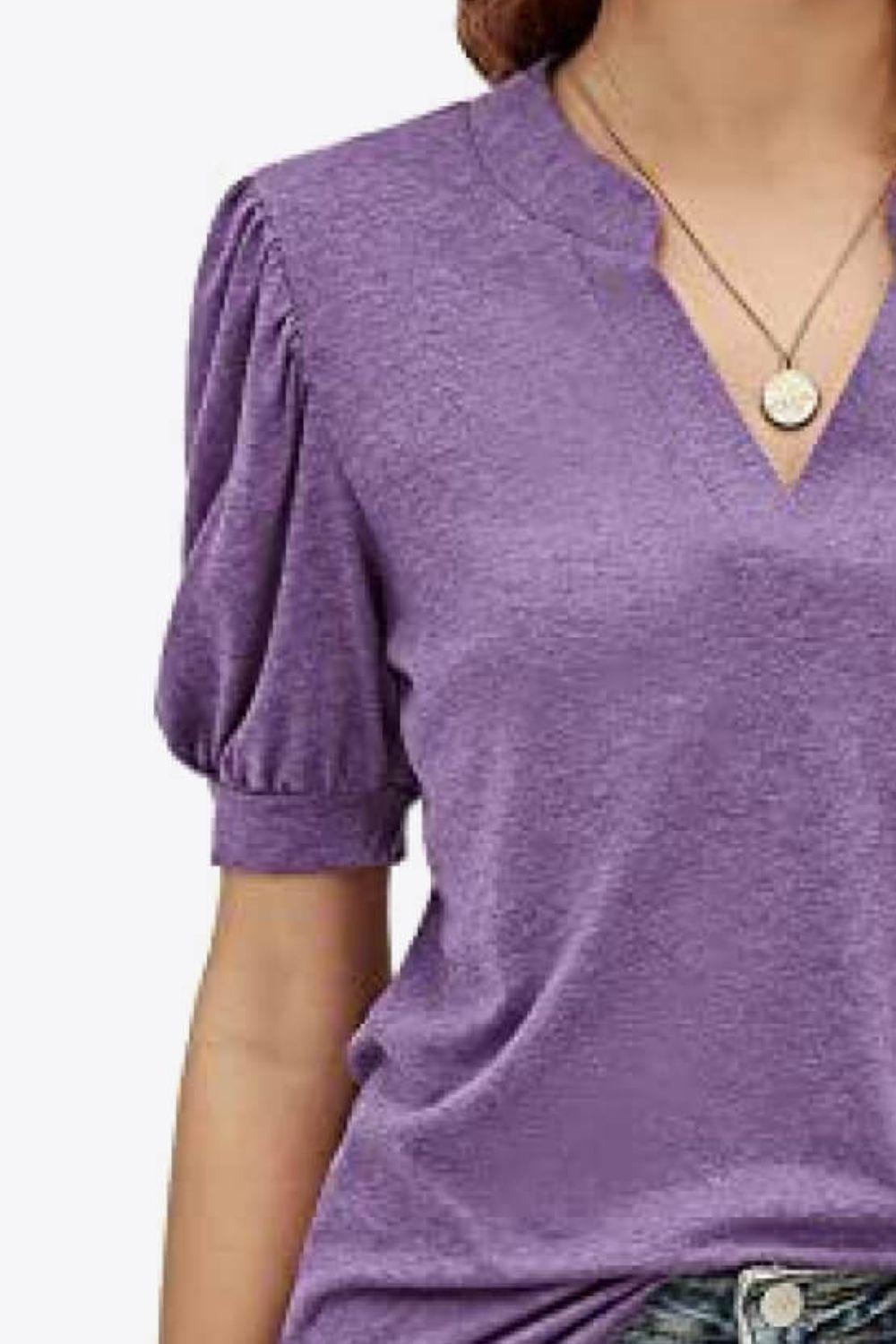 Notched Neck Puff Sleeve Tee BLUE ZONE PLANET