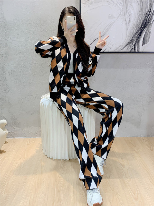 suit fall and winter plaid knit cardigan top pants two-piece tide kakaclo