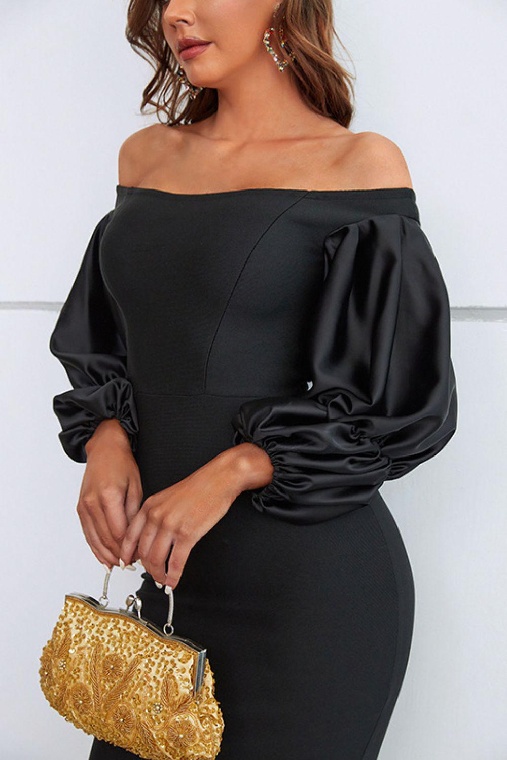 Off-Shoulder Bubble Sleeve Slit Dress BLUE ZONE PLANET