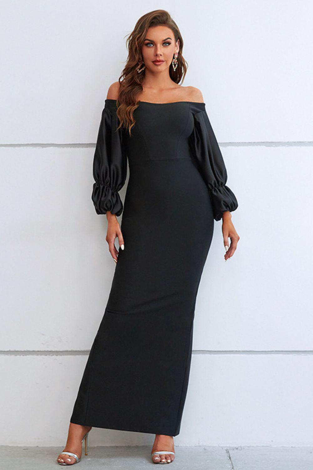 Off-Shoulder Bubble Sleeve Slit Dress BLUE ZONE PLANET