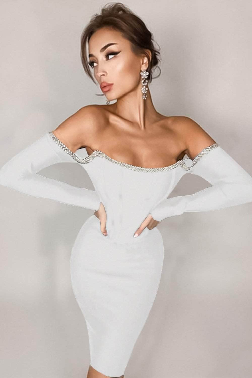 Off-Shoulder Long Sleeve Mini Dress with Rhinestone Detail BLUE ZONE PLANET
