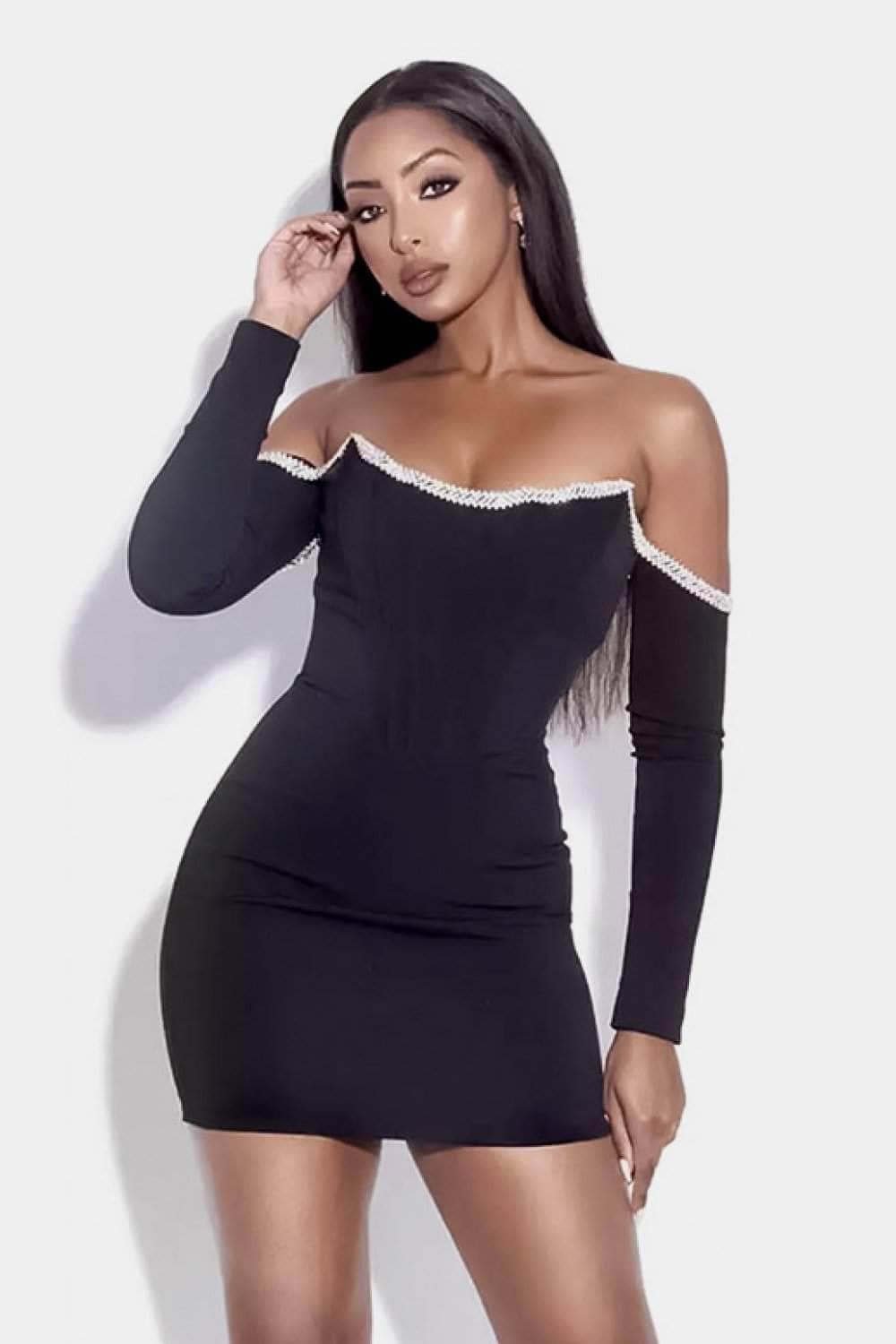 Off-Shoulder Long Sleeve Mini Dress with Rhinestone Detail BLUE ZONE PLANET